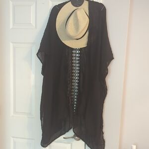 Rachel Zoe Black Sheer Embroidered Kaftan Cover-Up With Hat